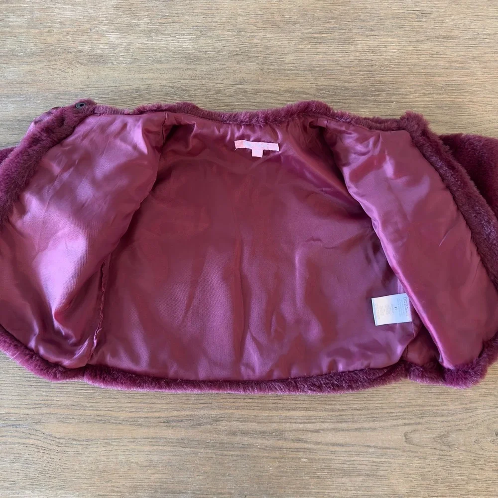 BCBG Little‎ Girls' Faux Fur Dressy Cropped Jacket With Bow-Maroon Red-Size 2T